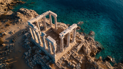 Discover Ancient Ruins on Greece's Scenic Coastline: Aerial View of Stone Architecture by the Mediterranean Sea
