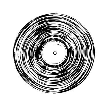 Vinyl Record Spin: A bold monochrome line art illustration depicting a vinyl record, showcasing its concentric circles and textured grooves in a dynamic, energetic style.
