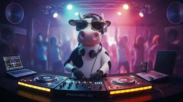 Animated Cow DJ at a Vibrant Nightclub Party