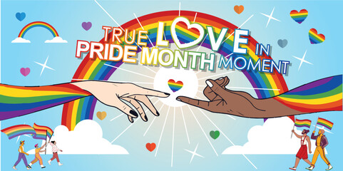 Vibrant Pride Month celebration! Diverse hands reaching for unity under a bright sky, surrounded by rainbows and hearts. People wave pride flags, embracing love and inclusivity.