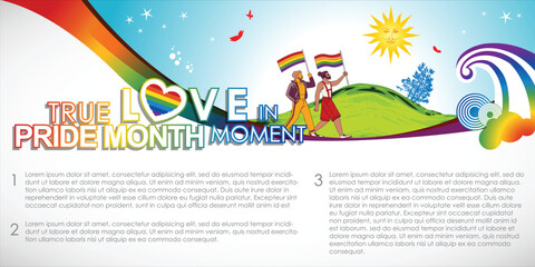 Celebrate True Love in Pride Month Moment with this vibrant vector template background, featuring a colorful LGBT rainbow design and joyful figures. Perfect for Pride Month campaigns for vector.