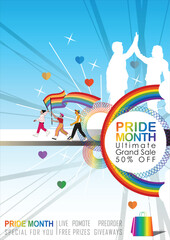 Pride Month sale! Celebrate love & diversity with our Ultimate Grand Sale banner Template and colorful LGBT rainbow design. The copy space banner background for vector and illustration.