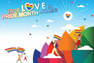Celebrate True Love in Pride Month Moment with this vibrant vector template background, featuring a colorful LGBT rainbow design and joyful figures. Perfect for Pride Month campaigns for vector.