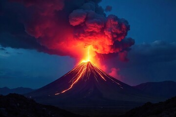 Spectacular volcanic eruption with dramatic lightning illuminating the ash cloud, a rare and powerful natural phenomenon  Night scene ,  unique,  rare