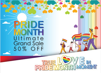 Pride Month sale! Celebrate love & diversity with our Ultimate Grand Sale banner Template and colorful LGBT rainbow design. The copy space banner background for vector and illustration.