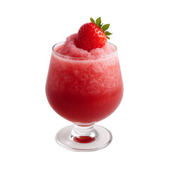 Refreshing strawberry slush in glass, topped with fresh strawberry