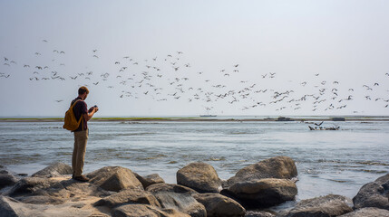 Tranquil Coastal Sunset: Exploring Nature's Scenic Beauty with Silhouettes of Man and Birds in Rural Landscape Photography