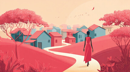 Whimsical Village Sunset: A Vibrant Journey through Rural Digital Art Landscape Illustration