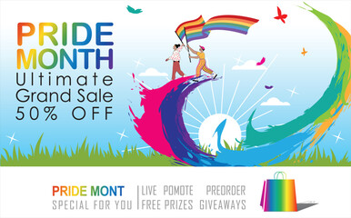 Pride Month sale! Celebrate love & diversity with our Ultimate Grand Sale banner Template and colorful LGBT rainbow design. The copy space banner background for vector and illustration.