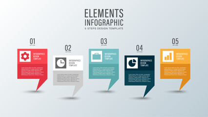 Speech bubble vector infographic with business icons. Five options or processes.