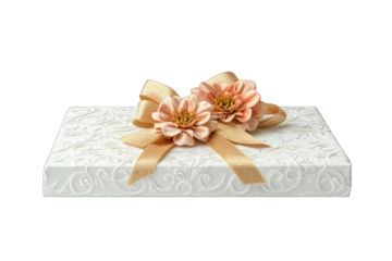 Elegant white gift box with peach flowers and gold ribbon