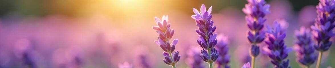 Fototapeta premium Close-up of blooming lavender flowers, soft sunlight illuminating delicate purple petals, releasing a calming, mellow aroma The gentle breeze whispers through the field , healing, aroma