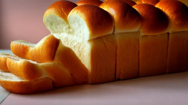Golden brown loaf of pullman bread with a few sliced portions on a simple pink and off-white background.