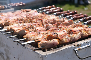 Pork shashlik is fried on the grill. Cooking meat on coals, street food on the street