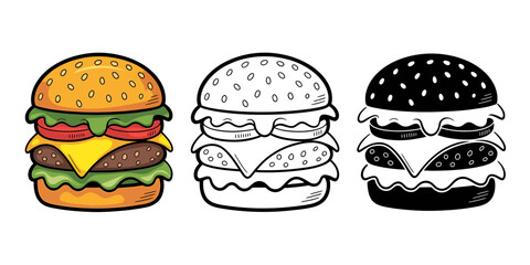 A Colorful Illustration of Three Stylized Delicious Burgers