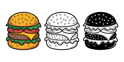 Delicious Triple-Decker Burger A Colorful Illustration of Three Styles