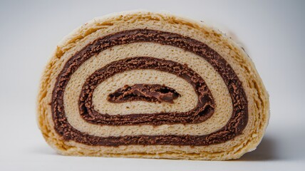 Fototapeta premium Close-up view of a Swiss roll slice with perfectly rolled sponge cake – Swiss roll wallpaper – bakery wallpaper – Swiss roll image