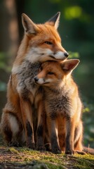 Fototapeta premium Red fox mother cuddling her baby fox in green forest