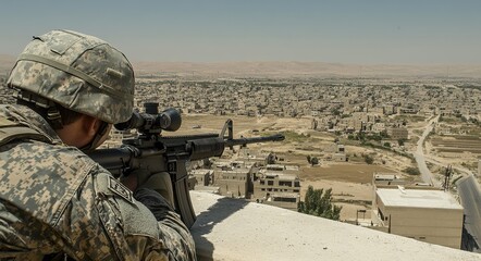 Fototapeta premium Soldier on Rooftop: Capturing Precision Aiming at Gun Targets in a Battlefield Vista