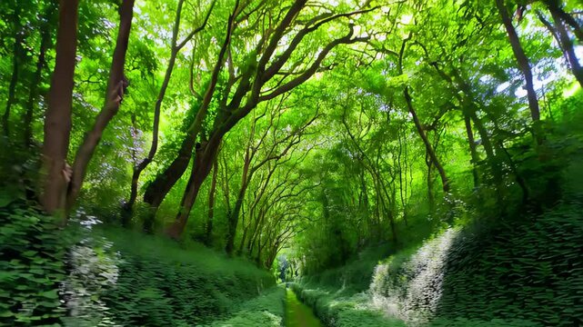 A lush green natural tunnel formed by intertwined trees and dense foliage, with a narrow path leading through it, evoking a magical and serene atmosphere