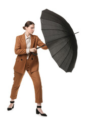 Young woman with black umbrella on white background
