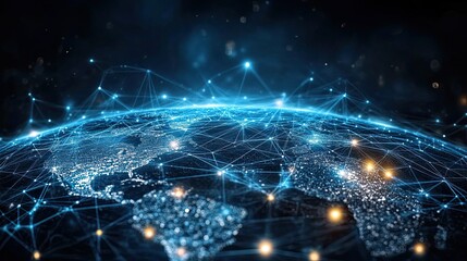 A glowing blue earth with interconnected network lines over continents in a dark space background