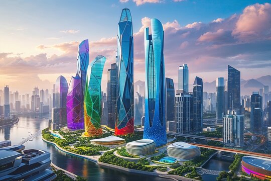 Vibrant Urban Skyline Highlighting Colorful Connectivity and Dynamic Architectural Design