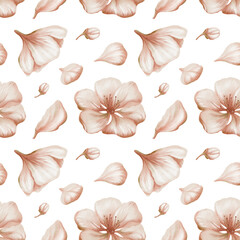Cherry blossoms and delicate buds,petals in seamless pattern on transparent background. Soft watercolor floral illustration for spring wedding decor, botanical branding or romantic stationery design