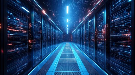 A long corridor lined with server racks illuminated by blue lights creating a futuristic atmosphere