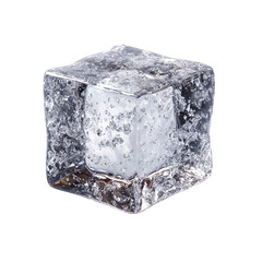 A clear ice cube with visible air bubbles and a glossy surface.