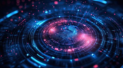 Abstract glowing circular pattern with blue and pink lights and a circuit board texture center