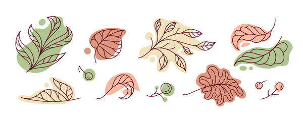 Autumn leaves and berries set warm vector line art in earthy and muted tones. Ideal for seasonal cards, eco packaging, stickers, digital scrapbooking, and cozy fall illustrations.