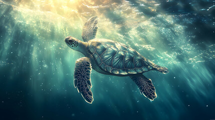 Obraz premium Sea turtle swimming in sunlit underwater depths.