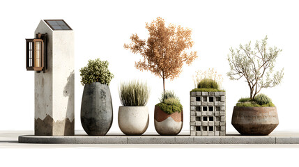 Sustainable Architectures Concept. Decorative planters with various plants arranged artistically.
