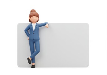 Cartoon businesswoman leaning on a blank white sign isolated on white background