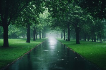 Fototapeta premium Rainy day path through lush green trees