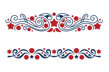 
4th of July lettering header Ornate swirls, patriotic red stars, and blue Elegant fancy separators Decorative Elements,  Independence Day Calligraphy Flourishes text dividers
