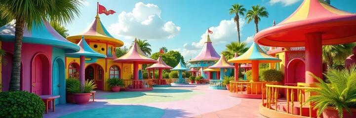 A vibrant, whimsical outdoor laughter park brimming with playful, colorful structures designed to evoke joy and amusement , entertainment, merry, laughter
