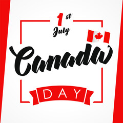 Happy Canada Day greeting card design. Geometric square frame, 3D flag and red ribbon. Set of graphic elements. White and red colours. Creative banner. Social media poster. Blogging timeline story.