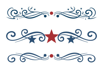 
4th of July lettering header Ornate swirls, patriotic red stars, and blue Elegant fancy separators Decorative Elements,  Independence Day Calligraphy Flourishes text dividers
