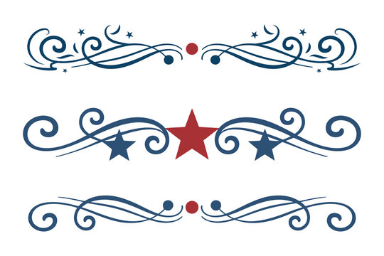 
4th of July lettering header Ornate swirls, patriotic red stars, and blue Elegant fancy separators Decorative Elements,  Independence Day Calligraphy Flourishes text dividers

