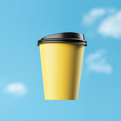 Disposable Yellow Coffee Cup with Black Lid Against Blue Sky Background
