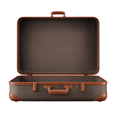 Open suitcase with a textured exterior and leather accents, showcasing its spacious interior.