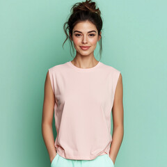 Attractive Young Woman with Bun Hairstyle Wearing Pink Sleeveless Shirt Studio Portrait