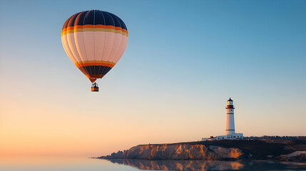Pixel Art Hot Air Balloon Sunrise Coastal Landscape With Lighthouse