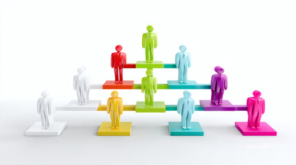 Multicolored human figures are arranged in a pyramid structure, symbolizing hierarchy, teamwork, and organization on a white background.