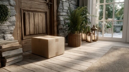 Home delivery of a modern brown box parcel on a wooden floor cozy indoor environment with natural light