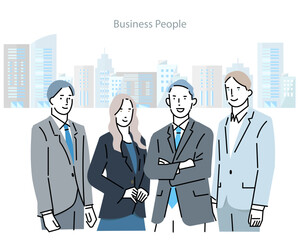 business team in front of building-man and woman - business person with fresh smile - business team startup - buildings in the background Illustration