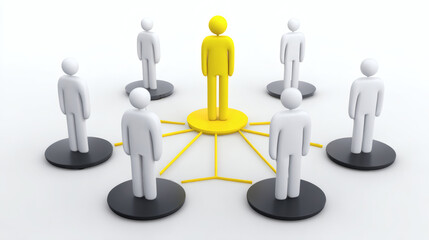 A central yellow figure connects to six white figures in a circle, symbolizing leadership, networking, or team structure.