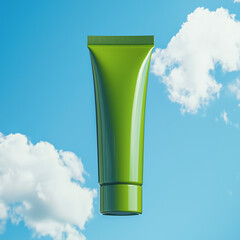 Eco Friendly Green Cosmetic Tube Packaging Against Sky Background
